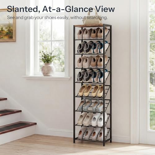 HOOBRO Narrow Shoe Rack for Small Spaces, Slanted Shoe Organizer for Entryway, Slim Angled Shoe Storage Rack for Closet, Space Saving 9 Tier Shoe Shelf Holds 8-16 Pairs, Rustic Brown BF92XJ01 - size: 9 Tier ( 60.6"H)