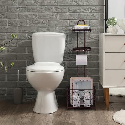 Oasis Creations Toilet Paper Holder Tissue Rack Stand with Magazine Toilet Roll Storage Basket- Freestanding, Bronze Metal - color: Bronze