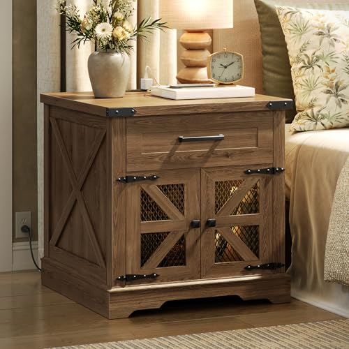 RALGEND Walnut Farmhouse End Table with Charging Station, 24" Large Sofa Side Table with Drawer, Large End Table for Living Room, Wooden Nightstand with Outlet, Square, Walnut - color: Walnut