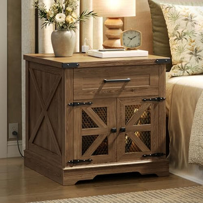 RALGEND Walnut Farmhouse End Table with Charging Station, 24" Large Sofa Side Table with Drawer, Large End Table for Living Room, Wooden Nightstand with Outlet, Square, Walnut - color: Walnut