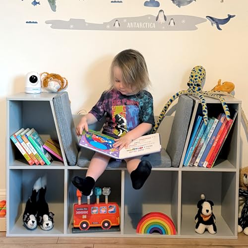 HOMCOM 6-Cubby Kids Bookcase with Reading Nook and Cushion, Multi-Purpose Storage Organizer for Bedroom, Living Room, Grey - color: Grey