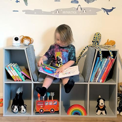 HOMCOM 6-Cubby Kids Bookcase with Reading Nook and Cushion, Multi-Purpose Storage Organizer for Bedroom, Living Room, Grey - color: Grey