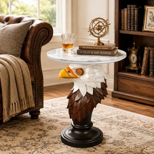 Bald Eagle Side Table, Majestic Resin Animal Base End Table with Faux Marble Top, Decorative Statement Piece for Rustic Cabin, Brown/White - color: Eagle - Geometric Brown & White