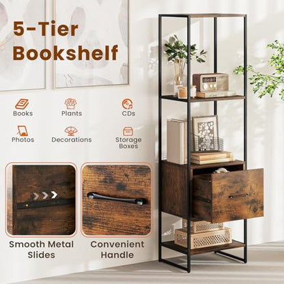 Giantex 5-Tier Bookshelf with Drawer Set of 2, Narrow Bookcase w/Open Shelves & Metal Frame, Modern Storage Organizer Shelving Unit, Freestanding Display Rack for Bedroom Living Room - color: Rustic Brown+black