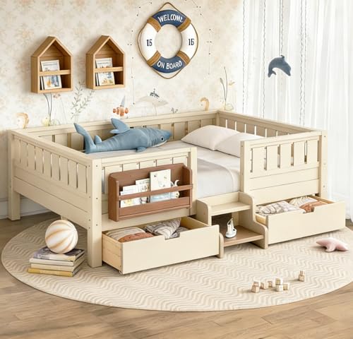 Bellemave Kids Full Size Montessori Bed Frame with Built-in Storage Shelves and Drawers, Floor Bed with Staircase and Full-Length High Rails,for Boys, Girls, Wood,Easy Assemble (Full,Beige,Drawers) - color: Beige, size: Full-Drawers