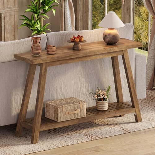 47.2" Farmhouse Entryway Table, 2-Tier Modern Wooden Console Sofa Table with Open Storage, Long Narrow Accent Table for Entrance, Foyer, Hallway, Living Room & Behind Couch (Brown)