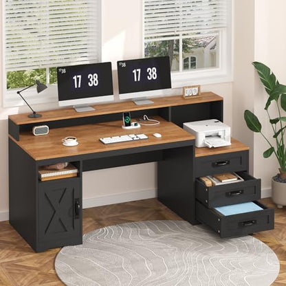 TVU Farmhouse Computer Desk with Drawers, 65'' Home Office Desk with Power Outlets, Storage Cabinet and Printer Stand, Study Writing Desks with Long Monitor Stand, Brown and Black - color: Brown and Black