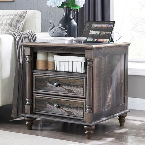 T4TREAM 24" Farmhouse Nightstands with 2 Drawers, Dark Rustic Oak | 4 Solid Wood Feet, Charging Station, Tall Rustic Wood Square, Sofa Side Table, Living Room, Bedroom - color: Dark Rustic Oak