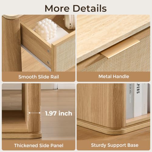 Night Stand, 23.11" W Rattan Nightstand with 1 Drawer and Open Shelf, Faux Marble Top Bedside Table, Boho Mid Century End Table for Bedroom Living Room Sofa Office, Natural Oak [FSC Certified] - color: Natural Oak, size: 15.63"D x 23.11"W x 23.94"H（1 Draw