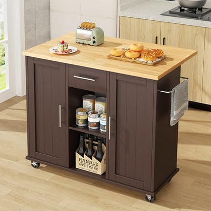 JY QAQA 42" Kitchen Island with Storage on Wheels, Rolling Table with Drop Leaf, Drawers, Cart Handle for Towel Rack or Free Movement, Brown - color: Brown