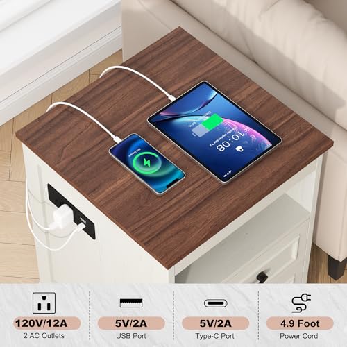 18" Farmhouse Accent Nightstand with Charging Station, Brown | End Table with 3 Drawers Storage, Side Table, Bedside Cabinet for LivingRoom Bedroom Office - color: Brown