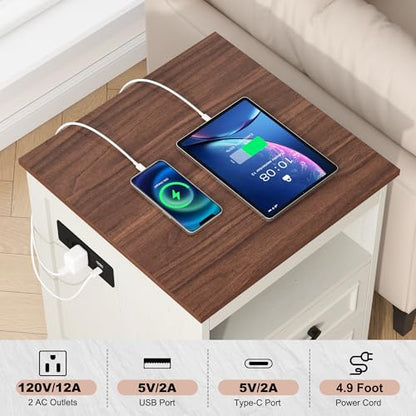 18" Farmhouse Accent Nightstand with Charging Station, Brown | End Table with 3 Drawers Storage, Side Table, Bedside Cabinet for LivingRoom Bedroom Office - color: Brown