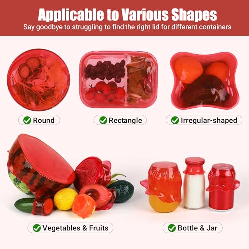 Silicone Stretch Lids for Food Storage in Fridge, Reusable Elastic Bowl Covers for Cup, Cans, Jars, Round & Rectangle Container, Food Grade Silicone Microwave Food Cover, Red, 6PCS - color: 6 Pcs Red