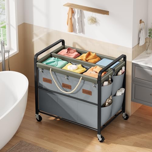 350L Extra Large Laundry Cart 6 Section, Grey | Large Capacity, Heavy Duty Lockable Wheels, Sturdy Metal Frame, Leather Patchwork, Removable Bags - color: Grey, size: 6 Bag 350L