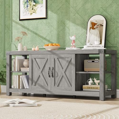 TV Stand for 65 in TV, Farmhouse Entertainment Center with Storage, 60 in TV Console Table with Shelves, Modern Media Console Cabinet with Doors, Wooden TV Stand for Living Room, Bedroom - Grey - color: Grey, size: 60 Inch