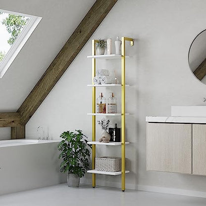 YMYNY 5 Tiers Ladder Bookcase, Industrial Wall Mounted Bookshelf, Open Display Rack with Metal Frame, Wooden Storage Shelves for Bedroom, Home Office, Living Room, White+Gold, 70*17.3*11.8"UHBC015W - color: White and Gold