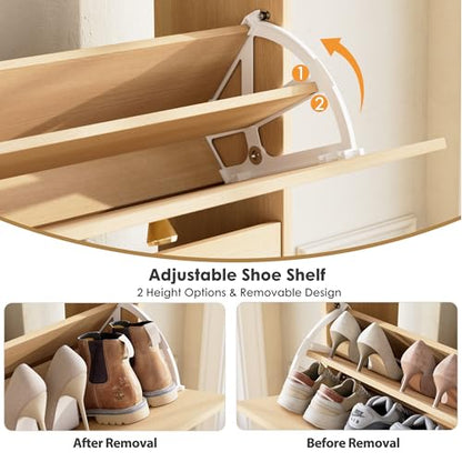 Nicetree Shoe Cabinet with 2 Flip Drawers, Narrow Shoe Organizer Cabinet, Freestanding Shoe Rack Cabinet, Modern Shoe Storage Cabinet for Entryway, Hallway, Foyer Natural Oak with Hook - color: Natural Oak, style: 2-Drawers with Hook