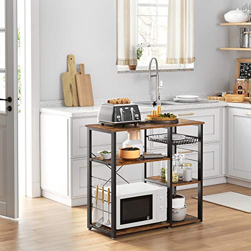 VASAGLE Baker's Rack, Coffee Bar Stand with Charging Station, 33 Inches Tall, Storage Shelves, Pull-Out Wire Basket, Table for Microwave, Kitchen, Rustic Brown and Ink Black UKKS90X - color: Rustic Brown + Ink Black, style: No Power Outlet