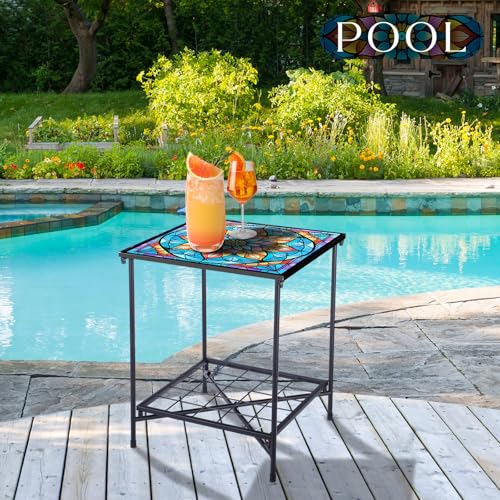 Cinnvoice Outdoor Side Table 2-Tier Storage Square Small Mosaic Patio Accent Indoor End Plant Coffee Tea Table for Yard Patio Porch Garden Living Room, Bedroom(Mandala Style) - style: Mandala Style