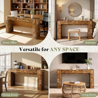 AMERLIFE 63" Burl Wood Console Table, Modern High Gloss Entryway Table with 2 Storage Drawers, Long Sofa Table Behind the Couch for Entrance, Hallway, Foyer, Living Room, Brown - color: Brown