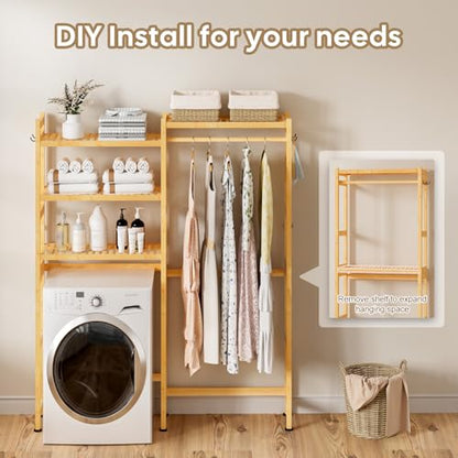Cozivolife Over The Washer and Dryer Storage Shelf Bamboo,5 Tiers Laundry Room Drying Rack with Adjustable Shelves and 4 Hooks,Space Saver Organizer for Hanging Clothes and Towels (Natural) - color: Natural