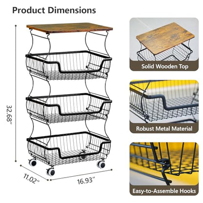 Utility Rolling Cart 4-Tier Metal Storage Organizer Cart with Wooden Top Snack Rack Pantry Cart with Wheels for Kitchen, Bathroom, Office, Bedroom, Living Room, Black - size: 4-Tier