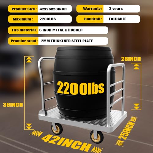 Lomive 2IN1 42"×25" Platform Truck Cart 2200lbs Heavy Duty Flatbed Cart Dolly w/Detachable Rear Guardrail and Swivel Casters, Push Cart, 1 Bunge Cord Included
