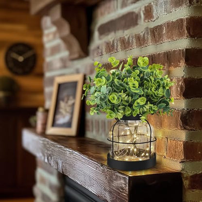 Farmhouse Rustic Glass Vases Primitive Country Lantern Coffee Dining Table Centerpiece Green Fake Artificial Eucalyptus Plants with Light Home Decor for Shelf Desk Counter Kitchen Bathroom, Black - style: Modern Decor