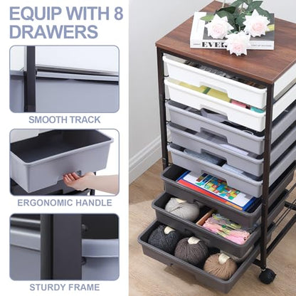 SYKIARIOL Rolling Cart with Drawers,Utility Cart With 8 Drawers and Wooden Tabletop for Living Room,Classroom,Bedroom,Bathroom,Dorm,Office,Dark Grey - color: Grey