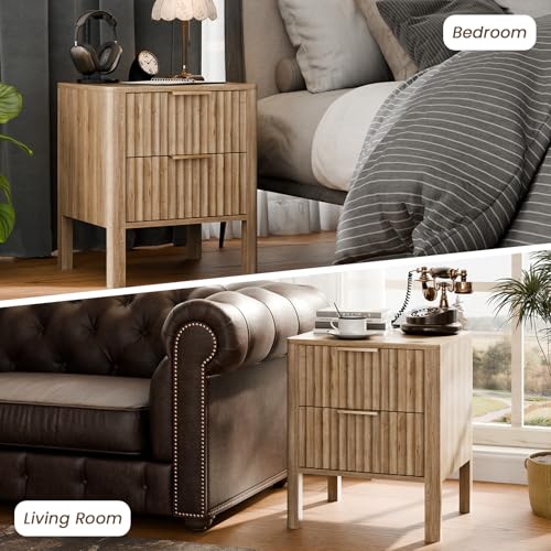 MODNEST 18" Fluted Nightstands Set of 2, Bed Side Tables Oak | Mid Century Modern Night Stand with Drawers for Bedroom Wood Nightstand Small End Table Bedroom Set - color: Oak, size: 15.7"D x 17.7"W x 20.7"H (2 Drawers)