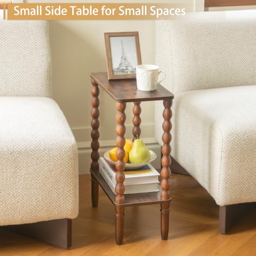Fultyle Small Narrow End Table, Narrow Side Table Living Room with Storage, 2-Tier Wood Accent Table Slim Nightstand for Small Spaces, Office, Bedroom (Rustic Brown) - color: Rustic Brown