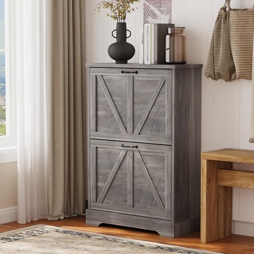 Semiocthome Farmhouse Shoe Storage Cabinet with 2 Flip Drawers, 23.6"(W) Freestanding Shoe Organizer with Barn Door and Metal Handles for Entryway, Rustic Narrow Slim Shoe Rack Cabinet - Washed Gray - color: Grey, size: 23.6"W