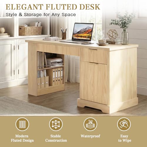 55" Modern Fluted Office Desk with Storage Cabinet & Drawers, Computer Writing Desk with Power Outlet, Pegboard, Built-in Shelves & Keyboard Tray for Study, Home Office (Light Oak) - color: Light Oak