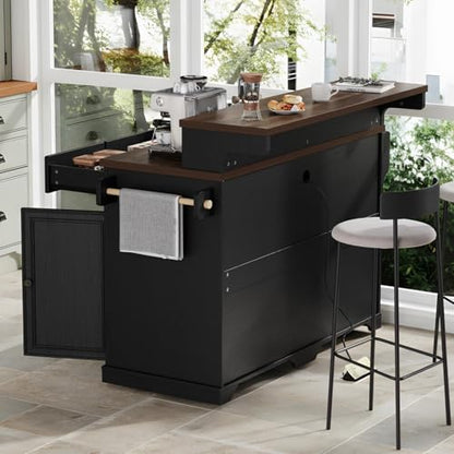 Merax 53.2" Two-Tier Kitchen Island with Storage, Farmhouse Kitchen Island with Power Outlet, 4 Door Shelves, Adjustable Shelves, 3 Drawers, Rolling Island Table, Bar Cabinet for Kitchen, Ash Black - color: Ash Black