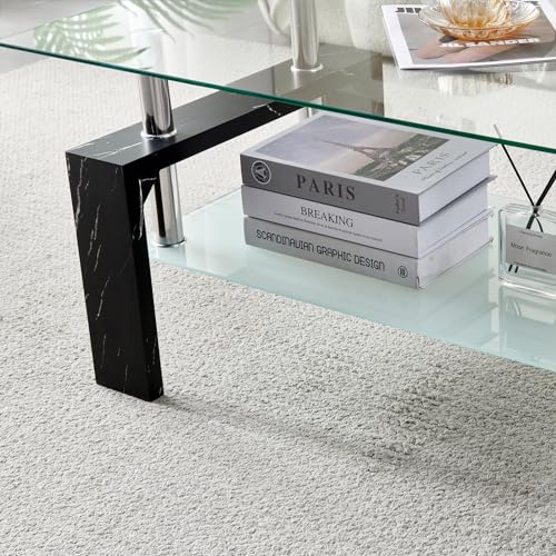 Living Room Rectangle Coffee Table, Tea Table Suitable for Waiting Room, Modern Side Coffee Table with Wooden Leg, Glass Tabletop with Lower Shelf, Black Marble Leg. - color: Black Leg