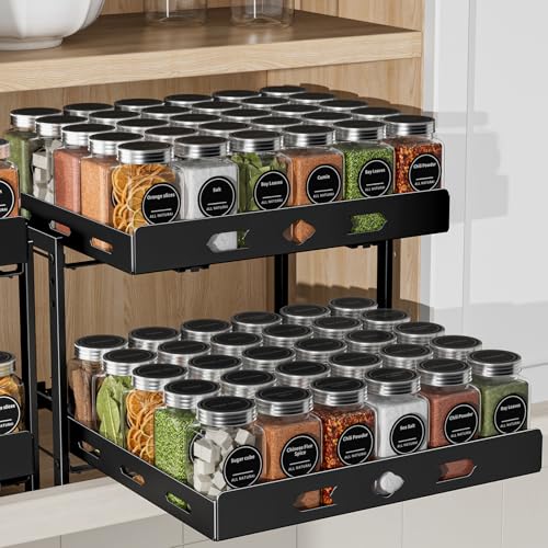 BOIVSHI Spice Organization for Cabinet, 2-Tier Cabinet Spice Rack, Height Adjustable Vertical Spice Rack Pull Out for Kitchen, Cabinet, Pantry (14.1''Wx10.8''Dx9.2''H, Metal Black) - size: 14.1''Wx10.8''Dx9.2''H,2 Tier