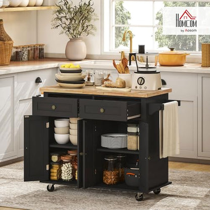HOMCOM Kitchen Island Cart with Solid Wood Top, 44" Mobile Kitchen Island Table on Wheels with Storage Cabinets, 2 Drawers, Adjustable Shelves, Spice Rack & Towel Bar for Dining Room, Black - color: Black