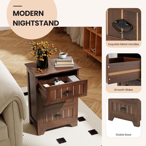 Giantex Nightstand with 3 Drawers, Bedside Table with Exquisite Metal Handles, Accent Table Sofa Side Table with Anti-toppling Device for Bedroom, Study, Walnut - color: Walnut