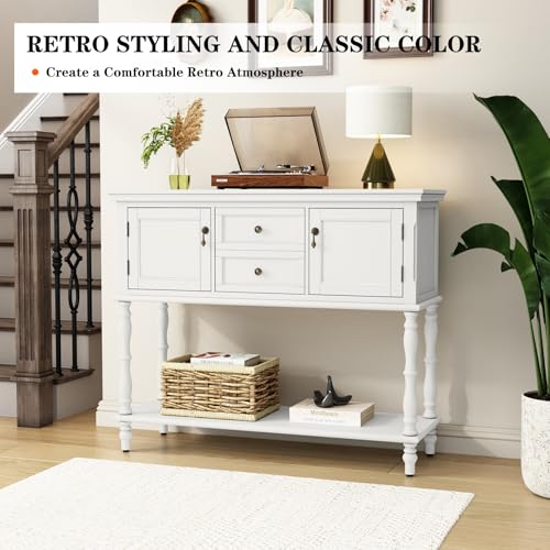 ARTPOWER Console Table with 2 Drawers, Retro Entryway Table with 2 Door | Solid Wood Veneer Entry Table, Behind Couch Sofa Table with Open Storage Shelf for Living Room, Foyer, Hallway - color: White