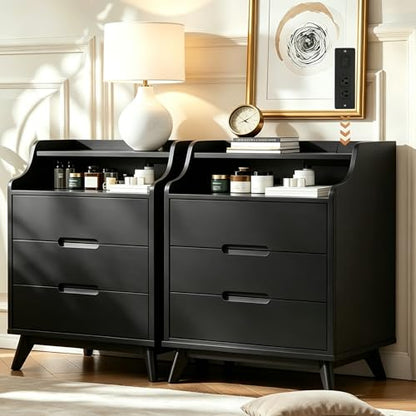 35" Large Night Stand Set of 2 with Charging Station, 3 Drawer Nightstand | Spacious Drawers, Pre-Installed Slide, Wood Bedside Table, Modern End Table, Nightstand for Bedroom Sofa Couch, Black - color: Black, size: Large (3 drawer)