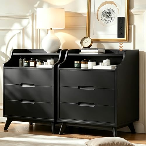 35" Large Night Stand Set of 2 with Charging Station, 3 Drawer Nightstand | Spacious Drawers, Pre-Installed Slide, Wood Bedside Table, Modern End Table, Nightstand for Bedroom Sofa Couch, Black - color: Black, size: Large (3 drawer)