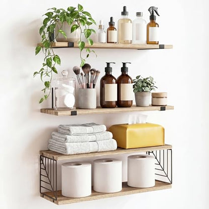 Fixwal 3+1 Tier Bathroom Floating Shelves Over Toilet, Light Brown | Rustic Wood Shelf Set with Toilet Paper Storage Basket, Natural Finish, 40Lb Weight Limit, Quick Mount, Versatile - color: Rustic Brown