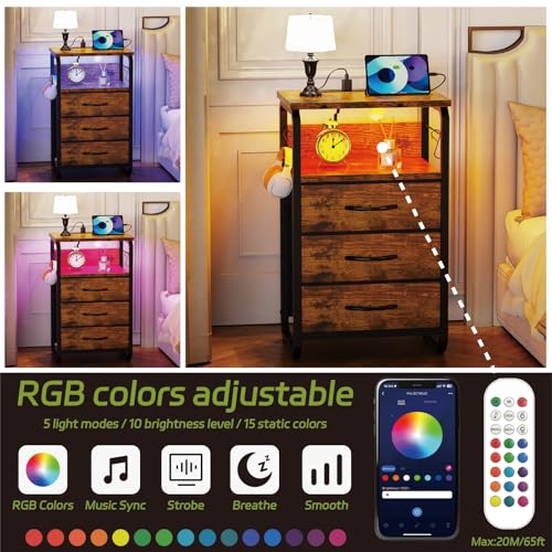 runjuly Night Stand Set 2, Nightstand with LED Lights and Fabric Drawers, Matching End Tables with Charging Station USB C Port, Bedside Tables with Hooks for Bedroom, Rustic Brown - color: Rustic Brown, style: Larger+Taller Set of 2