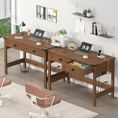 YOMILUVE Farmhouse Computer Desk with 2 Drawers, 39 Inch Small Office Computer Desk with Power Outlets, Compact Writing Study Vanity Desk for Small Spaces, Brown - color: Brown