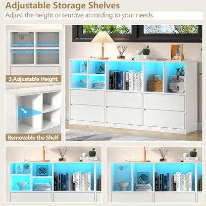 TV Stand with 6 Drawers & 7 Storage Cubbies, LED Lights Entertainment Center with Power Outlet, 63" TV Cabinet with Adjustable Open Storage Shelf, Modern TV Media Console for Living Room (White) - color: White