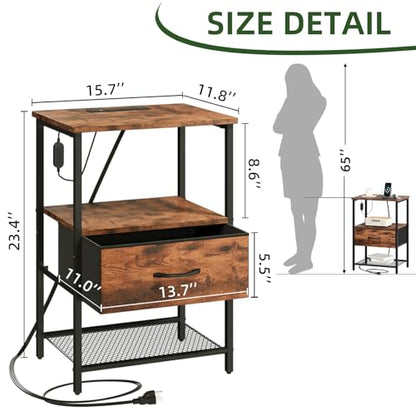 Somdot Nightstand Set of 2 with Charging Station & LED Light, Bedside Table | Dorm, Guest Room, Kids Room, Laundry, Closet, Entryway and Hallway, Brown - color: Brown, size: 11.8"D x 15.7"W x 23.4"H (1 Drawers)