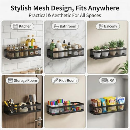 PUSDON 5-in-1 16.5" Extra Long Slim Wall Mount Wrapped Mesh Kitchen Organizer & Shower Caddy Kit, with Paper Towel Holder, Utensil Holder, Soap Dish, Holds 50LBS - Matte Black, Netting - color: Matte Black, size: 5-in-1 Full Mesh (16.5" Extra Long)