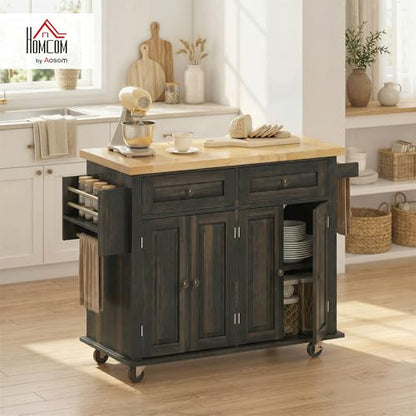 HOMCOM Kitchen Island Cart with Solid Wood Top, 44" Mobile Kitchen Island Table on Wheels with Storage Cabinets, 2 Drawers, Adjustable Shelves, Spice Rack & Towel Bar for Dining Room, Brown Oak - color: Brown Oak