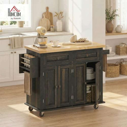 HOMCOM Kitchen Island Cart with Solid Wood Top 44" Mobile Brown Oak | Kitchen Island Table, on Wheels, Storage Cabinets, 2 Drawers, Adjustable Shelves, Spice Rack & Towel Bar, for Dining Room - color: Brown Oak