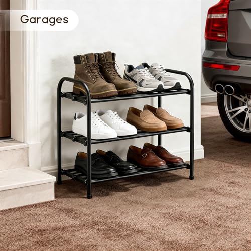 3-Tier Expandable Shoe Rack, Adjustable Shoe Shelf Storage Organizer Durable Metal Free Standing Shoe Rack for Entryway Closet Doorway (Black) - size: 3 Tier
